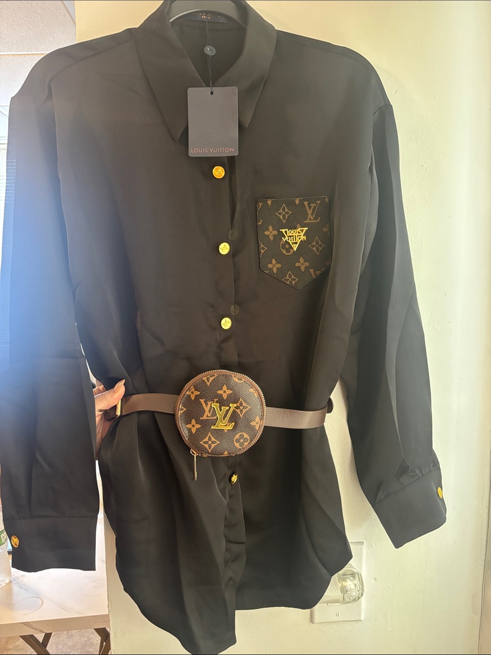 Black Silk-Blend Shirt with Monogram Pocket and Gold Buttons